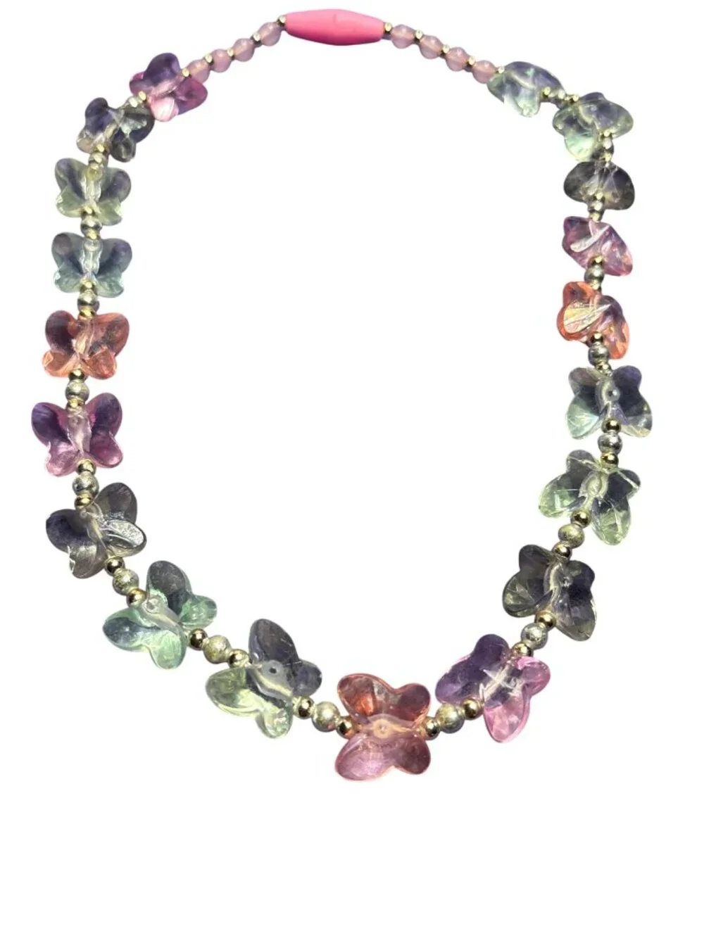 Girls Pastel Plastic Butterfly Beaded Necklace Silvertone Spacer Beads